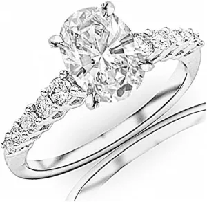 0.95 Carat t.w. Oval Cut 14K White Gold Classic Prong Set Side Stone Diamond Engagement Ring (I-J Color VVS1-VVS2 Clarity)