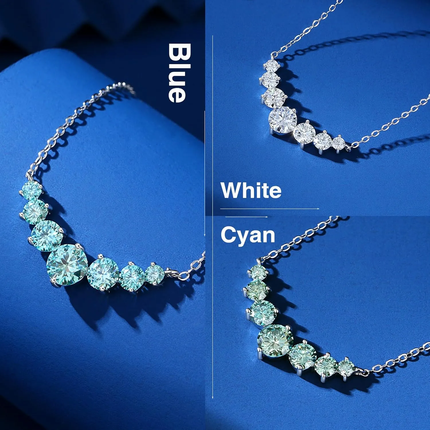 1-5 CT Blue/Cyan/White Moissanite Necklace for Women,Platinum/18K Gold Plated S925 Sterling Silver, Lab Created Diamond Pendant Necklace