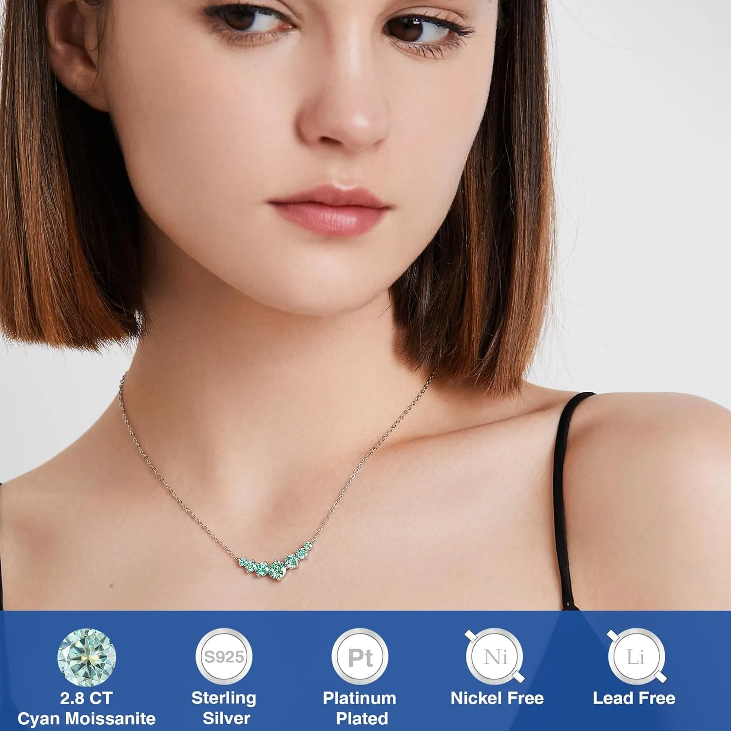 1-5 CT Blue/Cyan/White Moissanite Necklace for Women,Platinum/18K Gold Plated S925 Sterling Silver, Lab Created Diamond Pendant Necklace