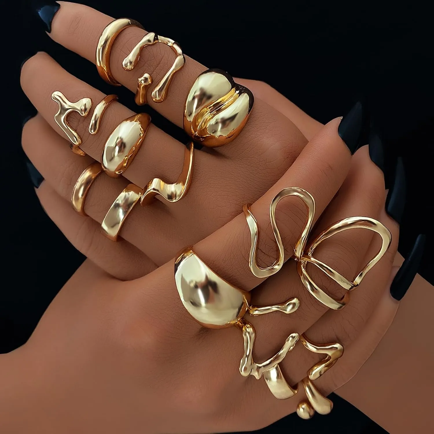 10-15 Pcs Gold Ring Set for Women Chunky Classic Dainty Boho Aesthetic Punk Thick Line Big Size Simple Stacking on Thumb Knuckle Rings Pack