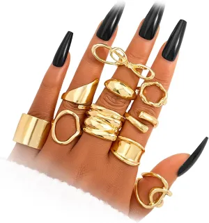 10-15 Pcs Gold Ring Set for Women Chunky Classic Dainty Boho Aesthetic Punk Thick Line Big Size Simple Stacking on Thumb Knuckle Rings Pack