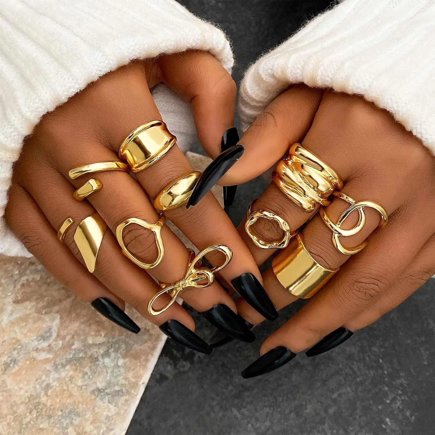 10-15 Pcs Gold Ring Set for Women Chunky Classic Dainty Boho Aesthetic Punk Thick Line Big Size Simple Stacking on Thumb Knuckle Rings Pack