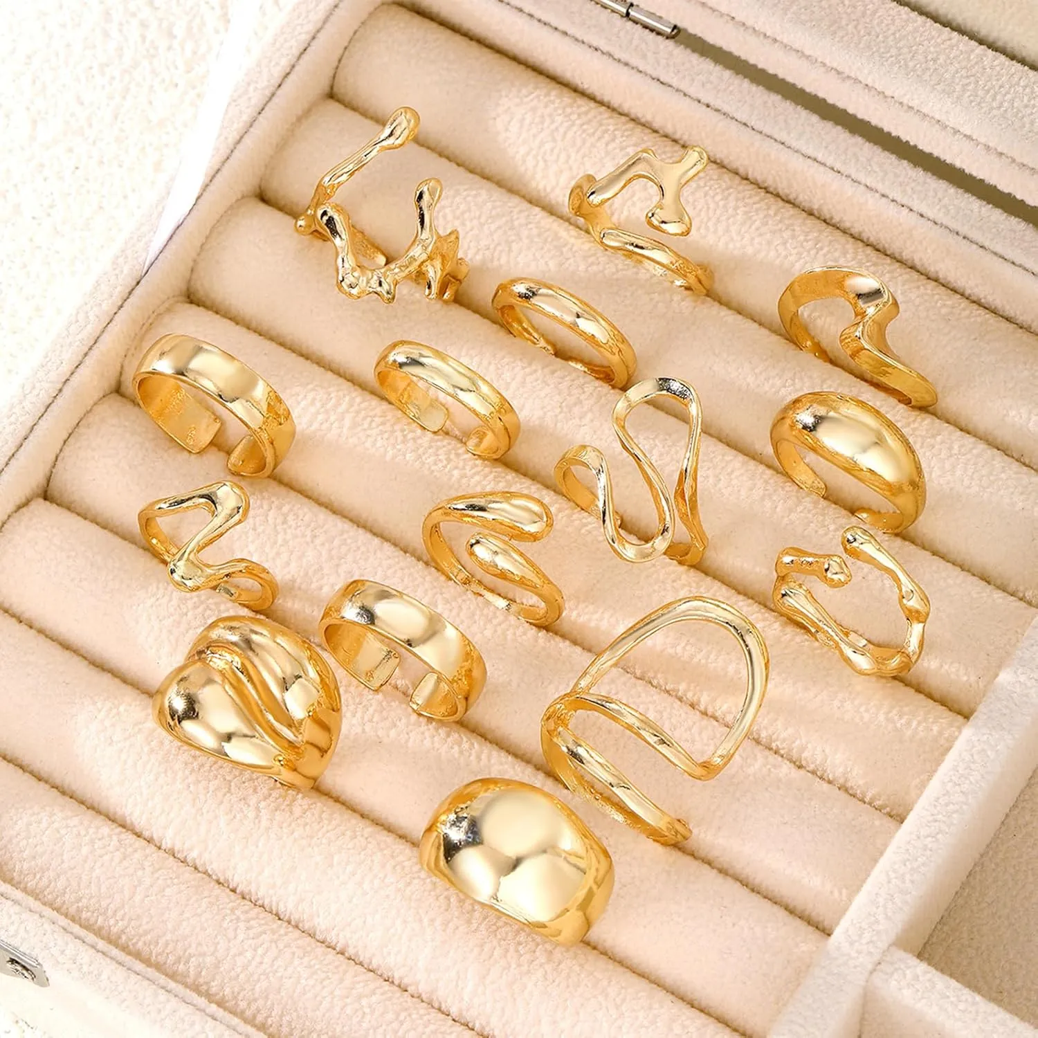 10-15 Pcs Gold Ring Set for Women Chunky Classic Dainty Boho Aesthetic Punk Thick Line Big Size Simple Stacking on Thumb Knuckle Rings Pack