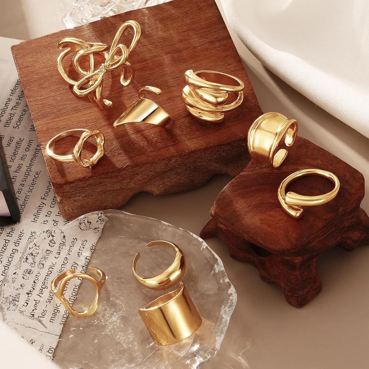 10-15 Pcs Gold Ring Set for Women Chunky Classic Dainty Boho Aesthetic Punk Thick Line Big Size Simple Stacking on Thumb Knuckle Rings Pack