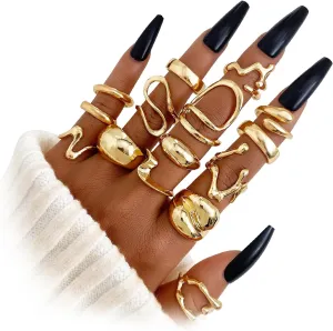 10-15 Pcs Gold Ring Set for Women Chunky Classic Dainty Boho Aesthetic Punk Thick Line Big Size Simple Stacking on Thumb Knuckle Rings Pack