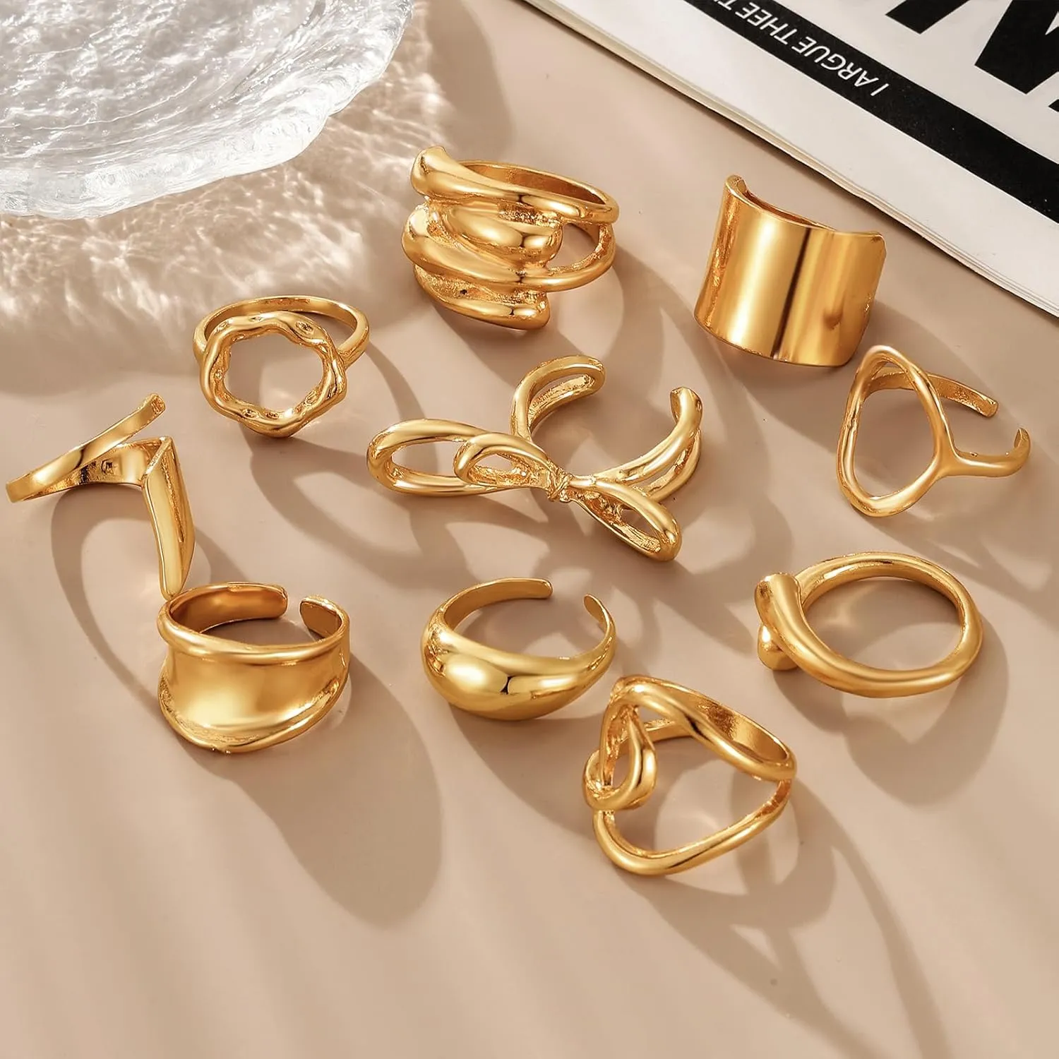 10-15 Pcs Gold Ring Set for Women Chunky Classic Dainty Boho Aesthetic Punk Thick Line Big Size Simple Stacking on Thumb Knuckle Rings Pack