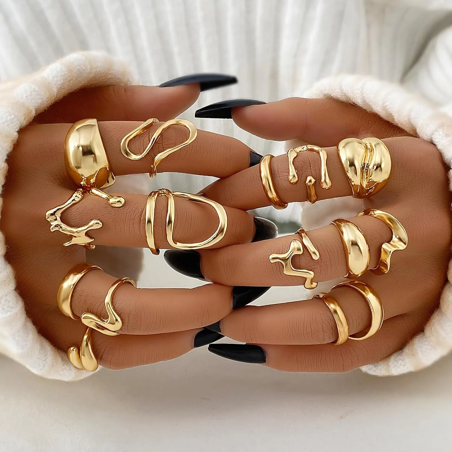 10-15 Pcs Gold Ring Set for Women Chunky Classic Dainty Boho Aesthetic Punk Thick Line Big Size Simple Stacking on Thumb Knuckle Rings Pack