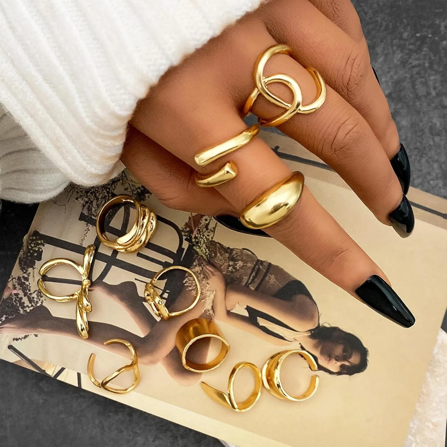 10-15 Pcs Gold Ring Set for Women Chunky Classic Dainty Boho Aesthetic Punk Thick Line Big Size Simple Stacking on Thumb Knuckle Rings Pack