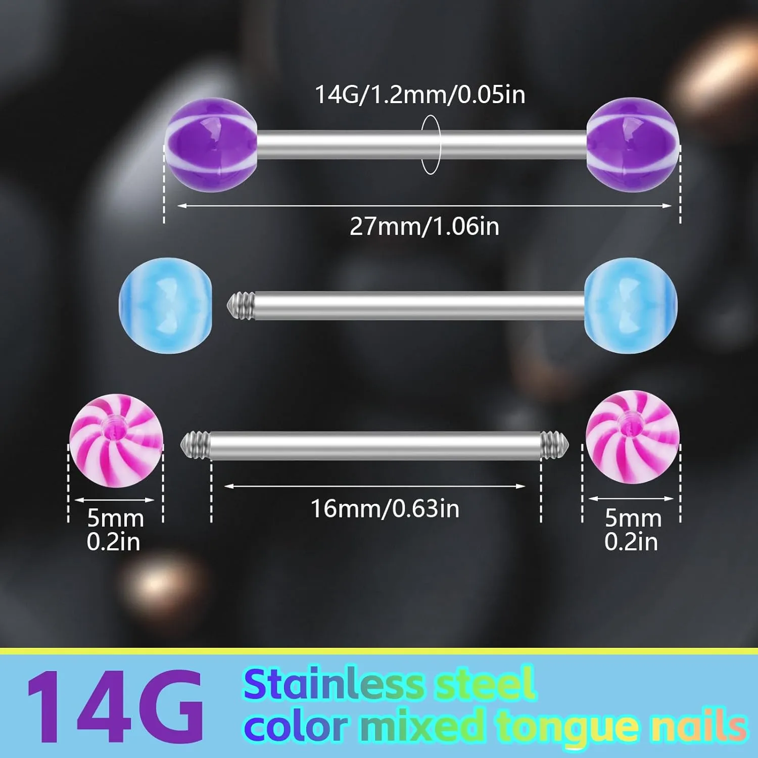 100pcs Tongue Rings Acrylic Candy Assorted 14g Straight Barbells for Men Women Body Piercing Jewelry
