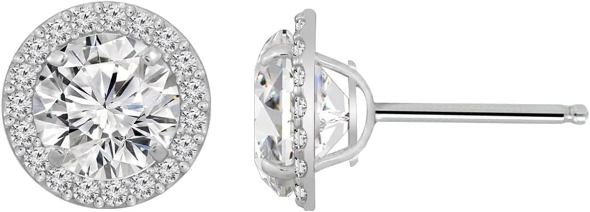 10K or 14K Real Solid Gold Halo Earrings for Women | White or Yellow Gold Halo Round Cut Studs | 0.5 to 3 Carat Cubic Zirconia CZ Simulated Diamond