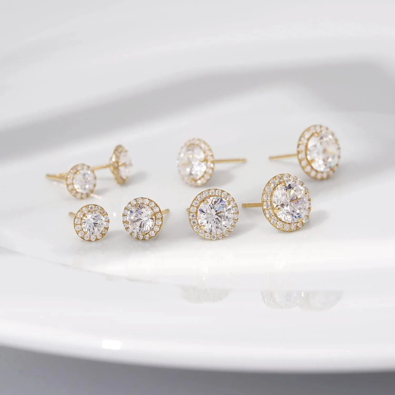 10K or 14K Real Solid Gold Halo Earrings for Women | White or Yellow Gold Halo Round Cut Studs | 0.5 to 3 Carat Cubic Zirconia CZ Simulated Diamond