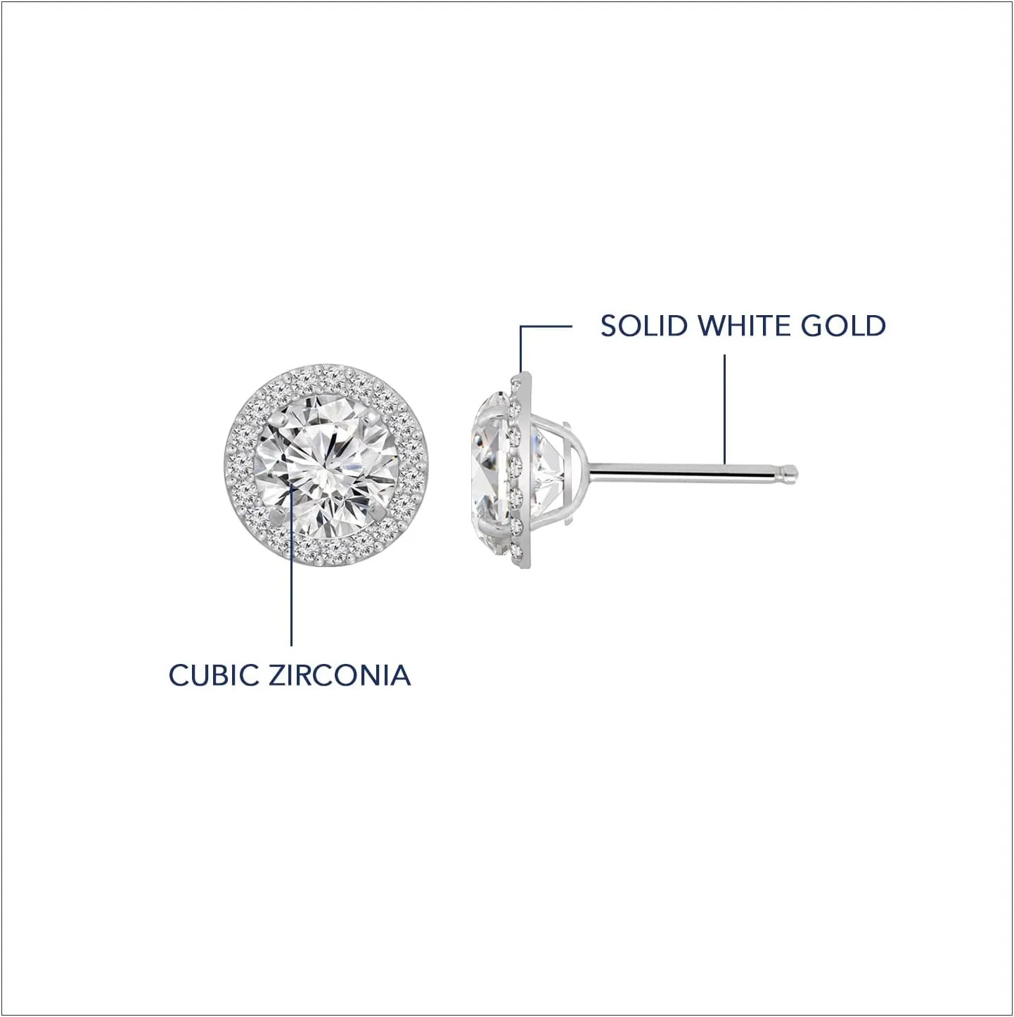 10K or 14K Real Solid Gold Halo Earrings for Women | White or Yellow Gold Halo Round Cut Studs | 0.5 to 3 Carat Cubic Zirconia CZ Simulated Diamond