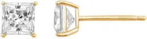 10K or 14K Real Solid Gold Stud Earrings for Women | White or Yellow Gold Princess Cut Solitaire Studs | 0.5 to 4 Carat Cubic Zirconia CZ Simulated Diamond