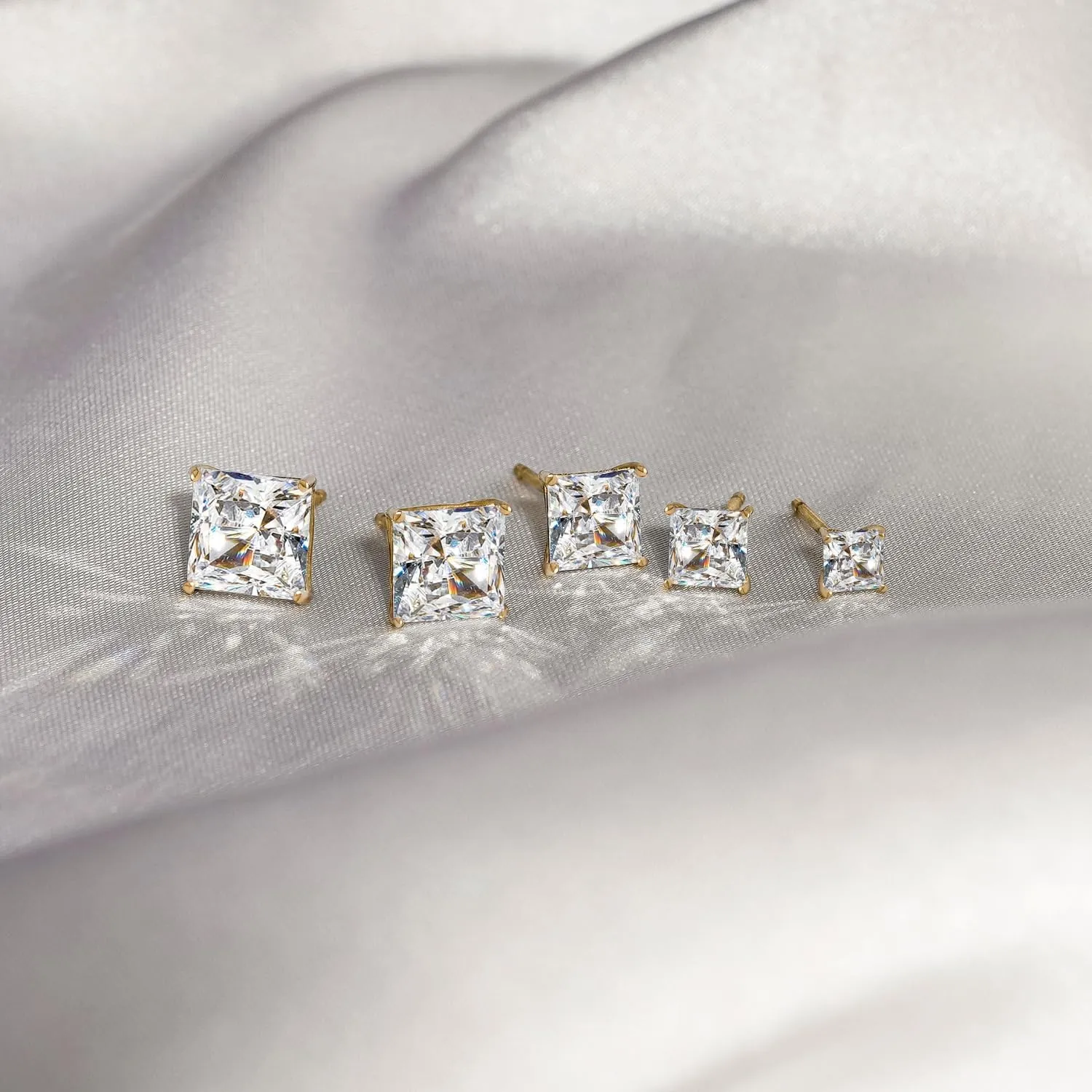 10K or 14K Real Solid Gold Stud Earrings for Women | White or Yellow Gold Princess Cut Solitaire Studs | 0.5 to 4 Carat Cubic Zirconia CZ Simulated Diamond