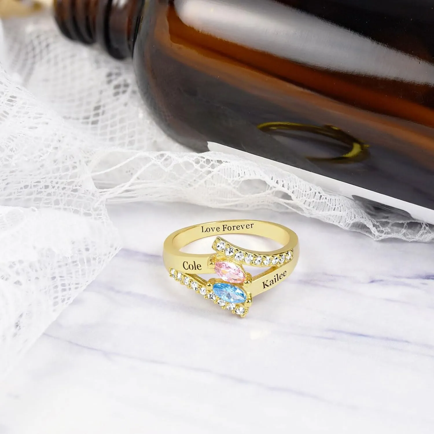 10K/14K/18K Gold Natural Diamond Personalized Birthstone Rings for Women Custom 1-3 Names Infinity Promise Ring Engraved Engagement Ring for Mom Wife