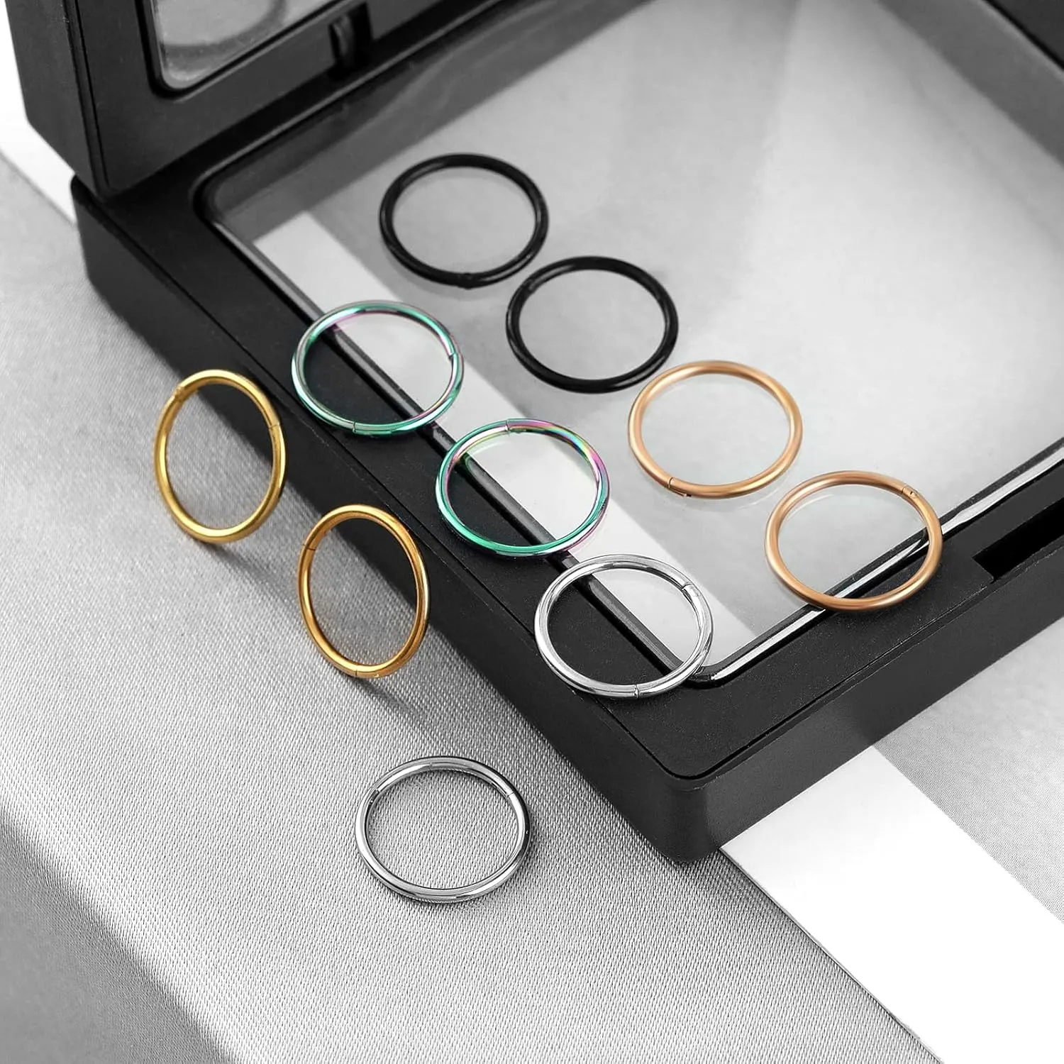 10PCS 16G 18G Nose Rings Hoops - 316L Surgical Steel Hinged Segment Rings - Mixed Colors: Silver, Black, Gold, Rainbow, Rose Gold - 6mm, 8mm, 10mm, 12mm