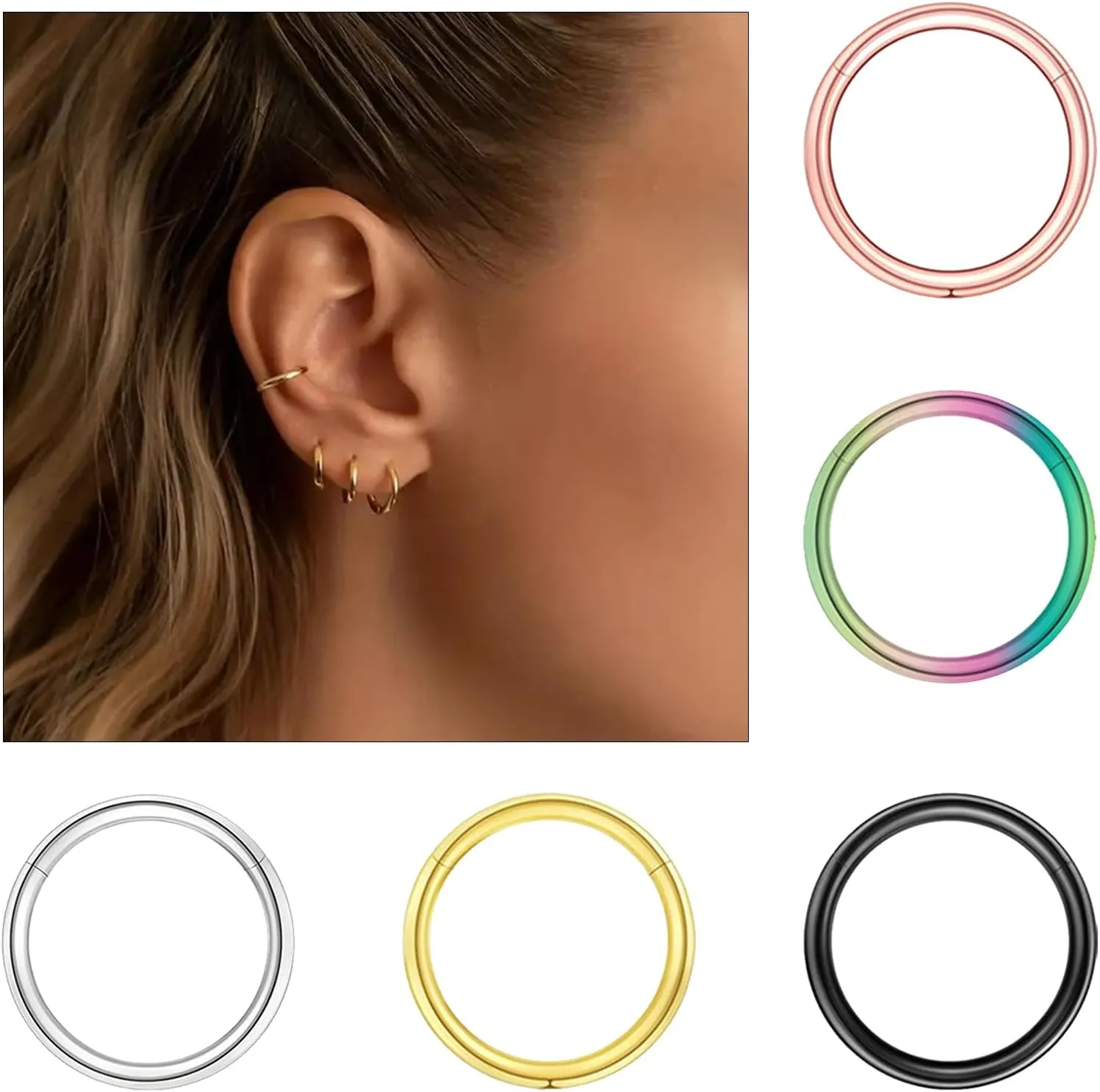 10PCS 16G 18G Nose Rings Hoops - 316L Surgical Steel Hinged Segment Rings - Mixed Colors: Silver, Black, Gold, Rainbow, Rose Gold - 6mm, 8mm, 10mm, 12mm