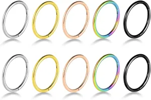 10PCS 16G 18G Nose Rings Hoops - 316L Surgical Steel Hinged Segment Rings - Mixed Colors: Silver, Black, Gold, Rainbow, Rose Gold - 6mm, 8mm, 10mm, 12mm