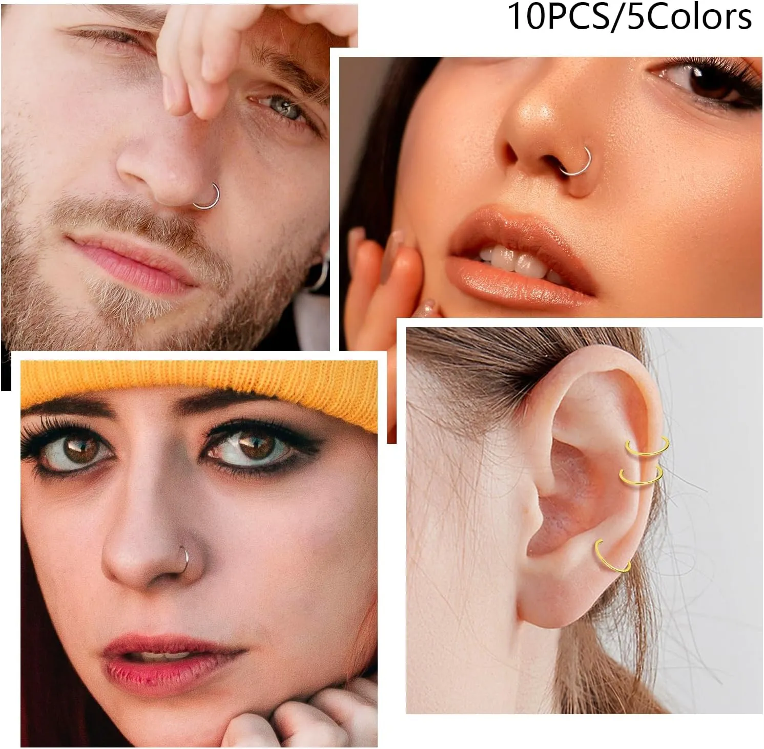 10PCS 16G 18G Nose Rings Hoops - 316L Surgical Steel Hinged Segment Rings - Mixed Colors: Silver, Black, Gold, Rainbow, Rose Gold - 6mm, 8mm, 10mm, 12mm