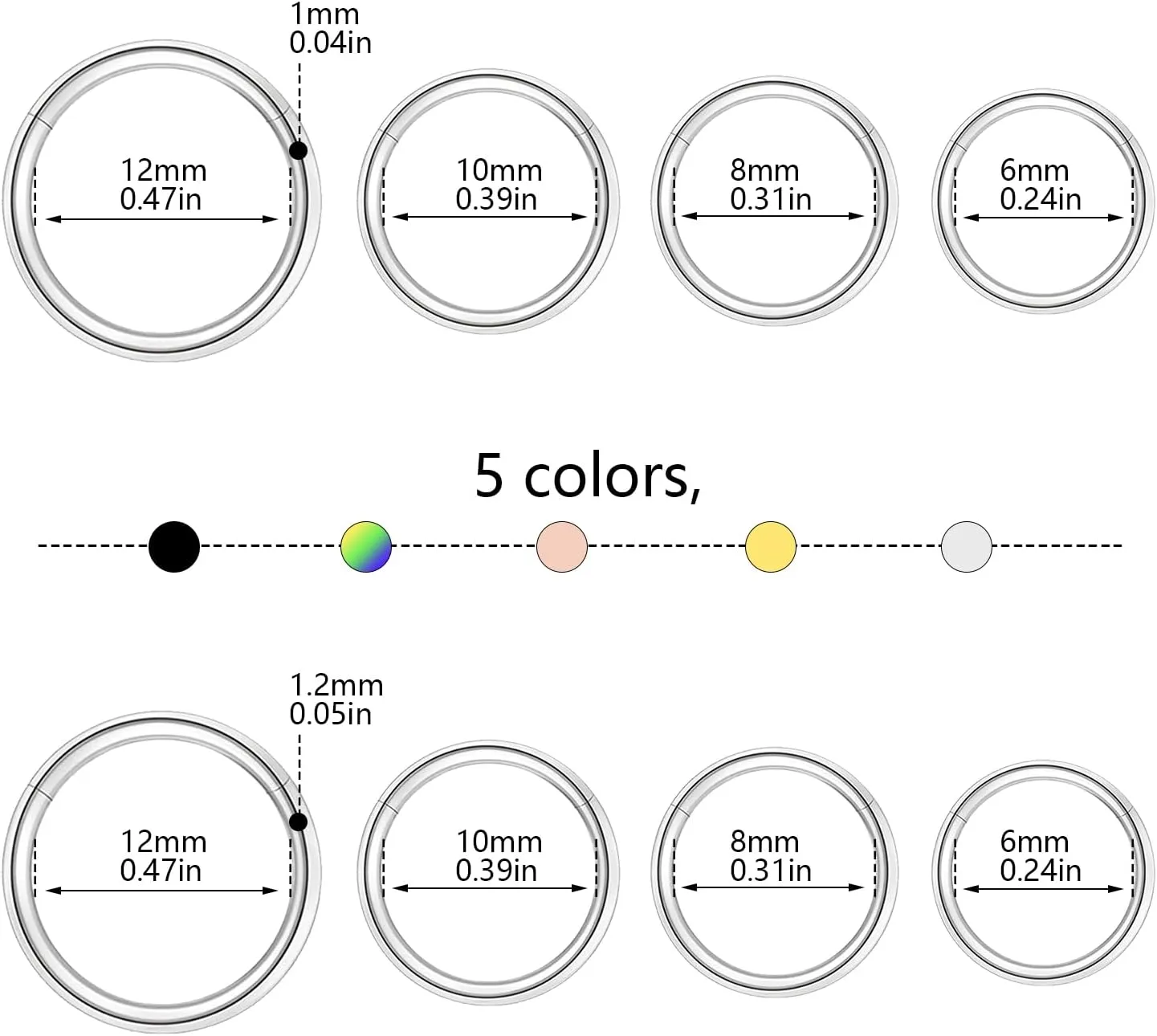 10PCS 16G 18G Nose Rings Hoops - 316L Surgical Steel Hinged Segment Rings - Mixed Colors: Silver, Black, Gold, Rainbow, Rose Gold - 6mm, 8mm, 10mm, 12mm