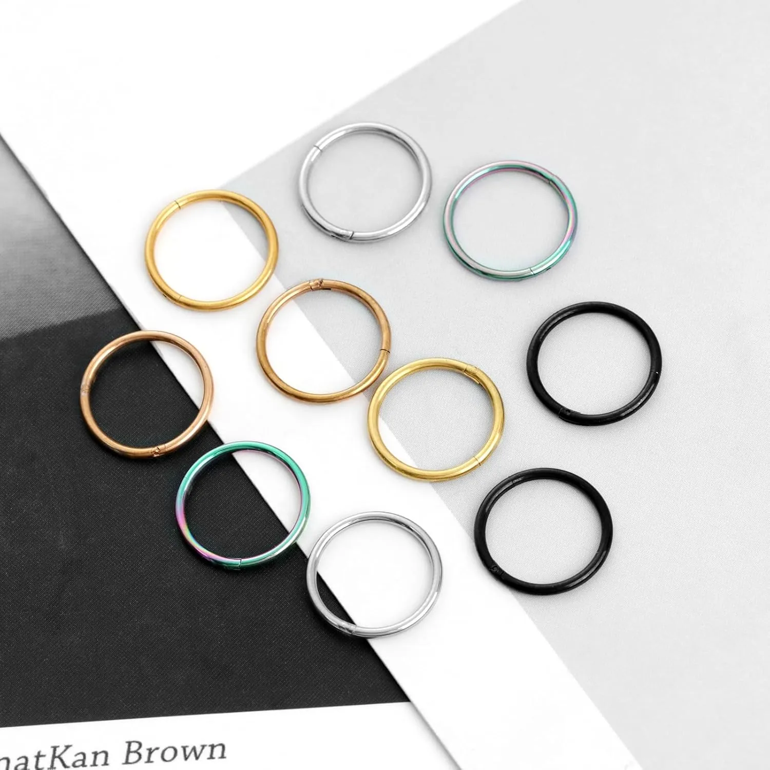 10PCS 16G 18G Nose Rings Hoops - 316L Surgical Steel Hinged Segment Rings - Mixed Colors: Silver, Black, Gold, Rainbow, Rose Gold - 6mm, 8mm, 10mm, 12mm