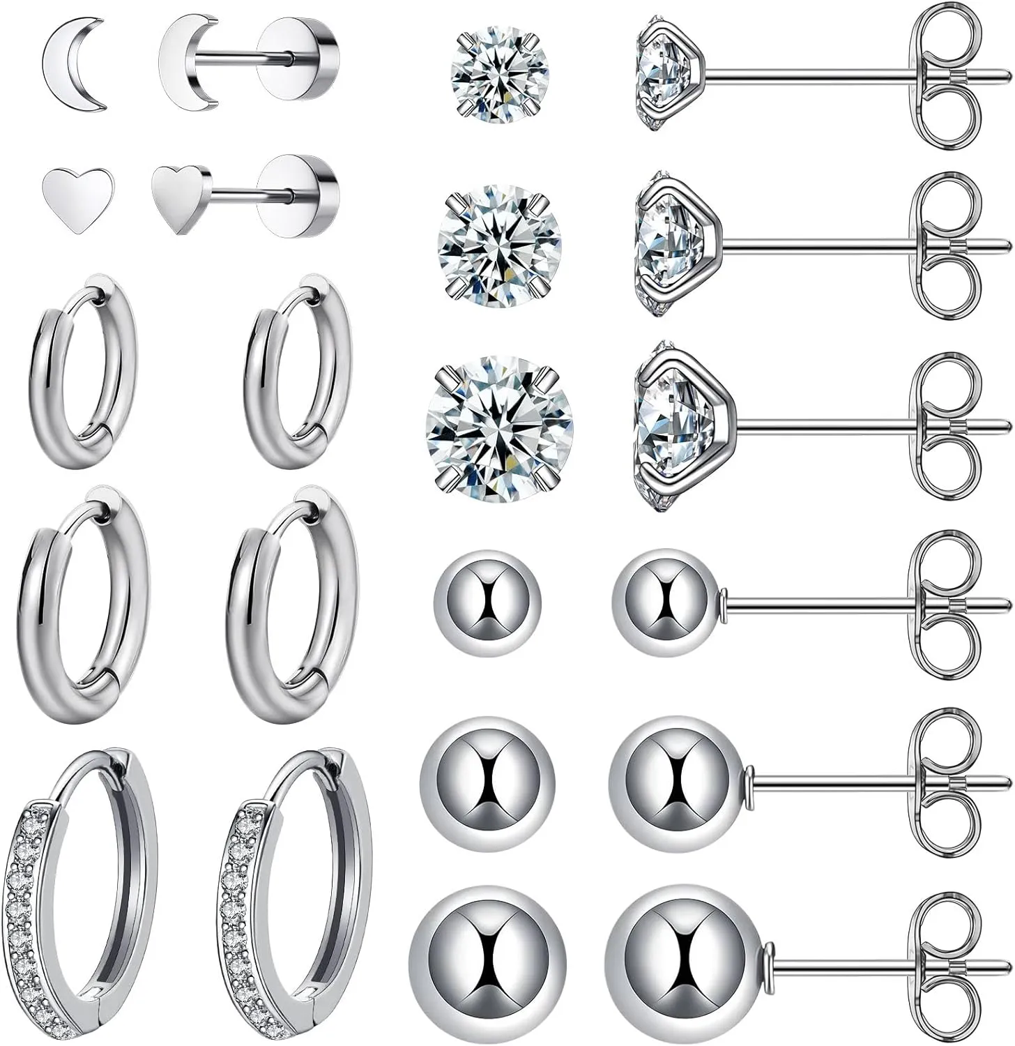 11 Pairs Surgical Steel Earrings Sets for Multiple Piercing Lightweight Small Huggie Hoop Earrings CZ Stud Earrings for Women Cartilage Trendy Hypoallergenic free combinationgold/silver/roes)