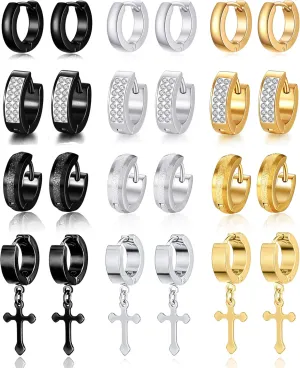 12 Pairs Stainless Steel Small Hoop Earrings Set Huggie Earrings CZ Inlaid Dangle Hinged Earrings Stud Earrings for Mens Women Silver Black Gold Tone