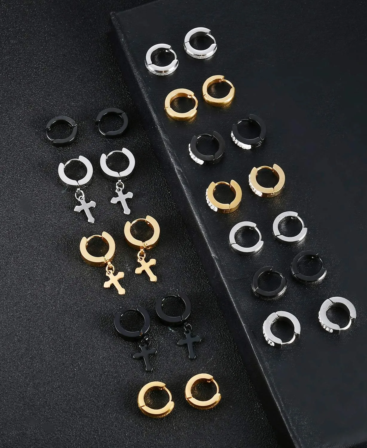 12 Pairs Stainless Steel Small Hoop Earrings Set Huggie Earrings CZ Inlaid Dangle Hinged Earrings Stud Earrings for Mens Women Silver Black Gold Tone