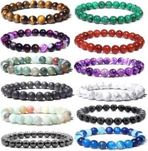 12 Pcs 8mm Gemstones Beaded Bracelets for Men Women Stone Bead Healing Stretch Round Bead Crystal Semi-Precious Bracelets Unisex