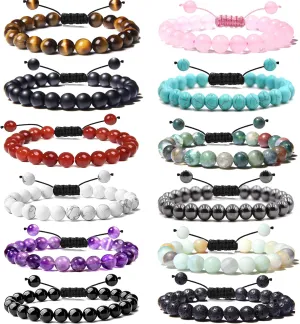 12 Pieces 8mm beaded Gemstone Bracelets Set for Men Women Unisex Tiger Eye Amethyst Energy Power Adjustable Elastic Bracelets Jewelry