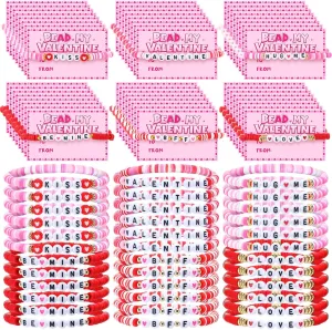120 Pcs Valentines Day Bracelets with Cards 60 Set Valentines Exchange Gifts Classroom Friendship Stackable Stretch Beaded Clay Bracelets Bulk for Friends Lovers Party Favors