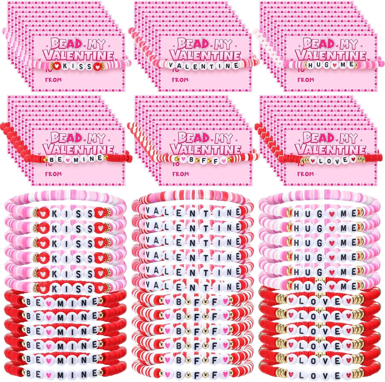 120 Pcs Valentines Day Bracelets with Cards 60 Set Valentines Exchange Gifts Classroom Friendship Stackable Stretch Beaded Clay Bracelets Bulk for Friends Lovers Party Favors