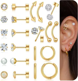 12Pairs Flat Back Earrings for Women 20G Surgical Steel Gold Flat Back Stud Earrings for Sensitive Ears Helix Conch Stackable Gold Hoop Screw Back Earring Sets for Multiple Piercing