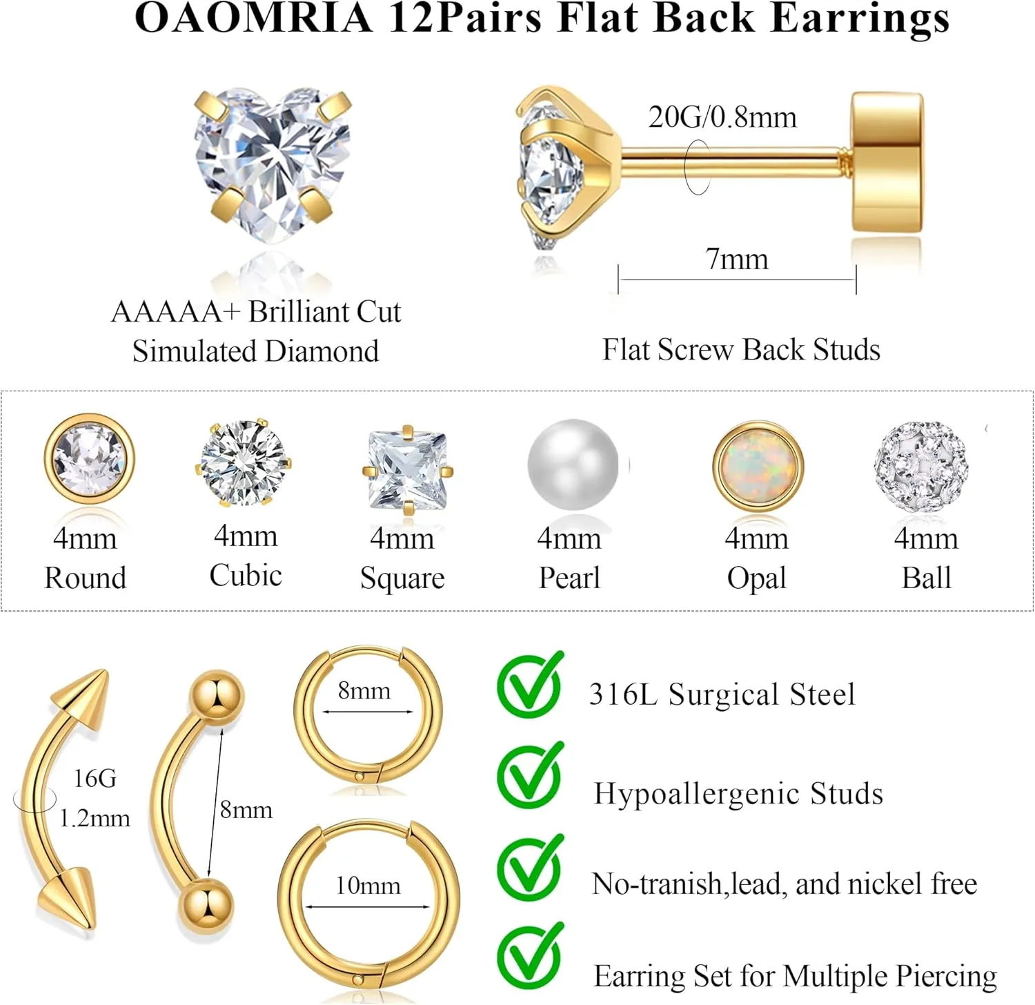 12Pairs Flat Back Earrings for Women 20G Surgical Steel Gold Flat Back Stud Earrings for Sensitive Ears Helix Conch Stackable Gold Hoop Screw Back Earring Sets for Multiple Piercing