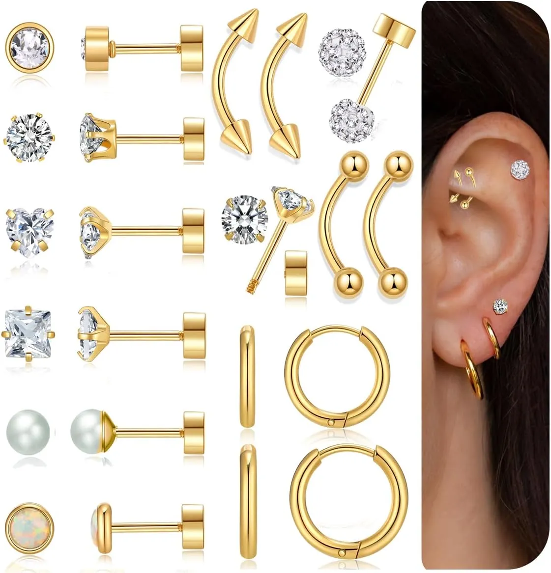 12Pairs Flat Back Earrings for Women 20G Surgical Steel Gold Flat Back Stud Earrings for Sensitive Ears Helix Conch Stackable Gold Hoop Screw Back Earring Sets for Multiple Piercing