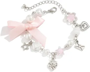 1/2Pcs Set Y2K Star Pearl Heart Crystal Chain Adjustable Aesthetic Bracelet Grunge Gift for Women Jewelry Gifts Punk Gothic Link Dainty Bracelet Resin Transparent Star Ribbon