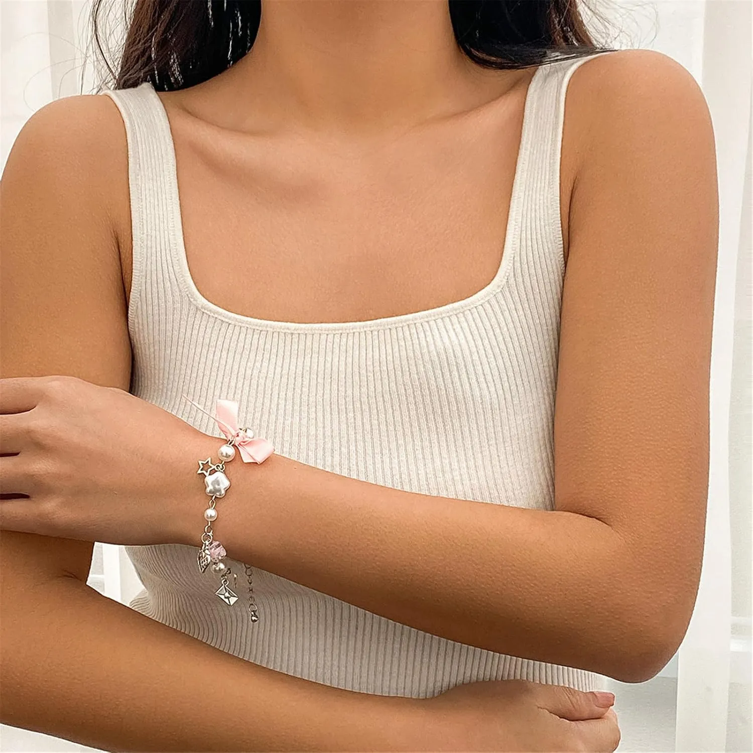 1/2Pcs Set Y2K Star Pearl Heart Crystal Chain Adjustable Aesthetic Bracelet Grunge Gift for Women Jewelry Gifts Punk Gothic Link Dainty Bracelet Resin Transparent Star Ribbon