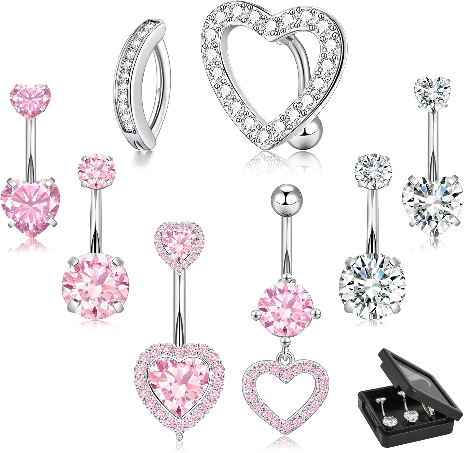 14G Belly Button Ring Dangle Belly Button Piercing Surgical Stainless Steel Belly Rings Cute CZ Heart Butterfly Flower Dangling Belly Piercing Jewelry for Women 7Pcs