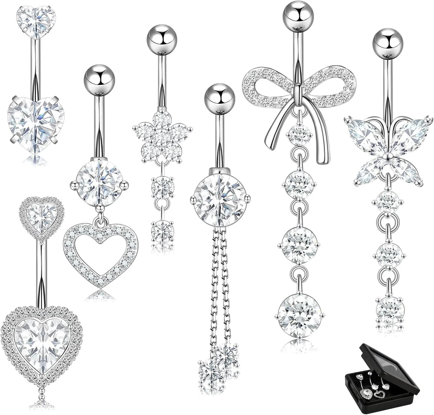 14G Belly Button Ring Dangle Belly Button Piercing Surgical Stainless Steel Belly Rings Cute CZ Heart Butterfly Flower Dangling Belly Piercing Jewelry for Women 7Pcs