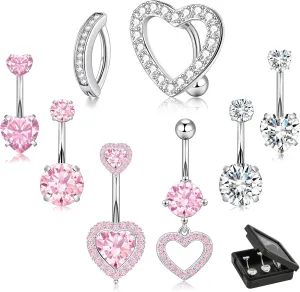 14G Belly Button Ring Dangle Belly Button Piercing Surgical Stainless Steel Belly Rings Cute CZ Heart Butterfly Flower Dangling Belly Piercing Jewelry for Women 7Pcs