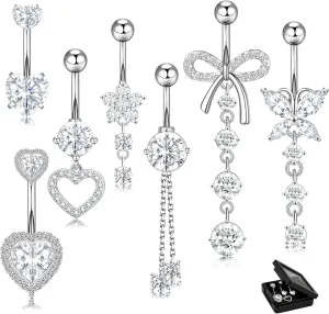 14G Belly Button Ring Dangle Belly Button Piercing Surgical Stainless Steel Belly Rings Cute CZ Heart Butterfly Flower Dangling Belly Piercing Jewelry for Women 7Pcs