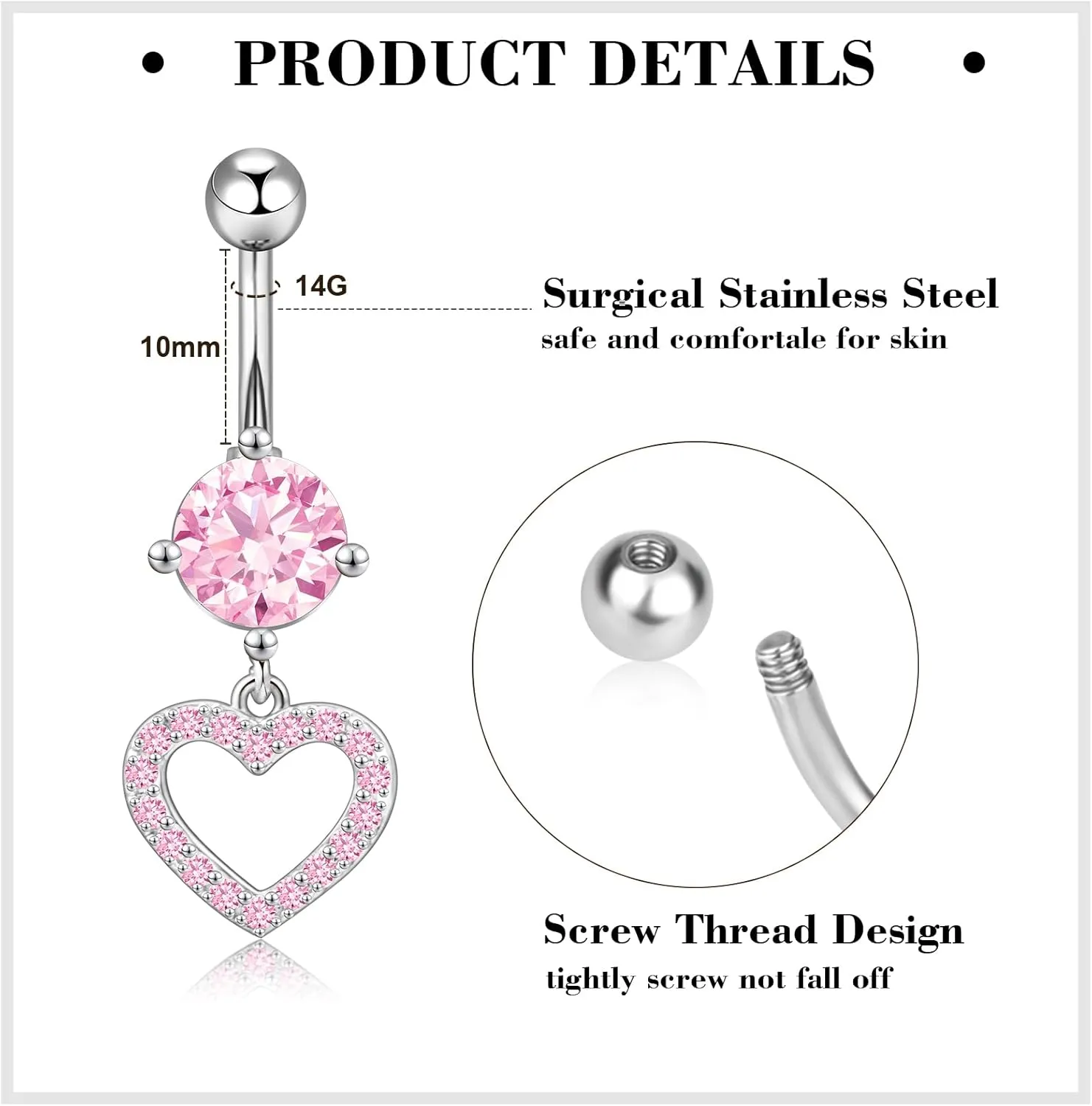 14G Belly Button Ring Dangle Belly Button Piercing Surgical Stainless Steel Belly Rings Cute CZ Heart Butterfly Flower Dangling Belly Piercing Jewelry for Women 7Pcs