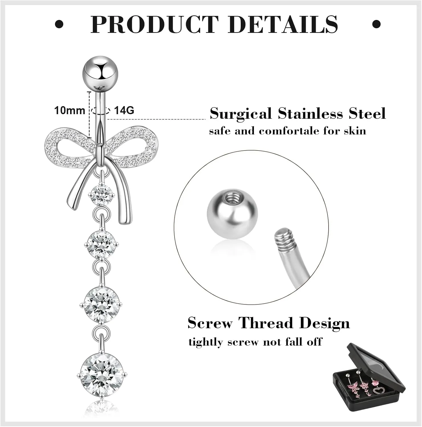 14G Belly Button Ring Dangle Belly Button Piercing Surgical Stainless Steel Belly Rings Cute CZ Heart Butterfly Flower Dangling Belly Piercing Jewelry for Women 7Pcs