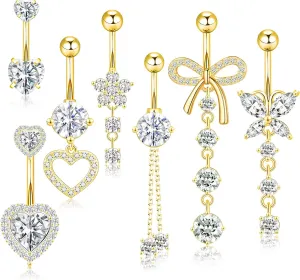 14G Belly Button Ring Dangle Belly Button Piercing Surgical Stainless Steel Belly Rings Cute CZ Heart Butterfly Flower Dangling Belly Piercing Jewelry for Women 7Pcs