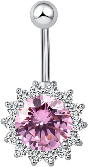 14G Belly Button Rings, Belly Button Piercing Belly Button Jewelry Surgical Steel Classic Flower Round Cubic Zirconia White/Pink/Red Belly Button Jewelry