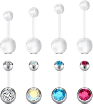 14G Clear Belly Button Rings, Bioflex Plastic Bar Belly Ring, Curved Barbell Navel Piercings Retainers for Work Surgery