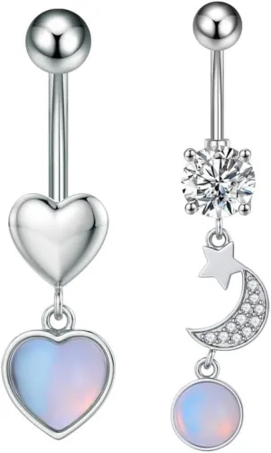 14G Dangle Belly Button Rings for Women 2Pcs Stainless Steel Heart Moon Belly Navel Rings Belly Curved Barbell Body Piercing Jewelry