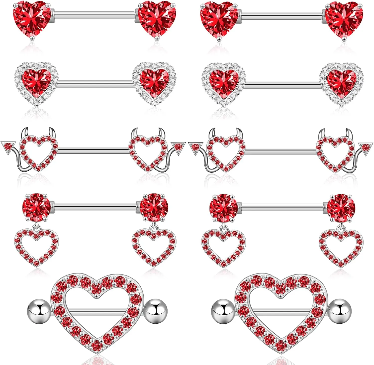 14G Nipple Rings 5-8 Pairs Stainless Steel Nipple Niercing Jewelry Heart Dangle Barbell Tongue Rings Set Cute Pink CZ Nipple Jewelry