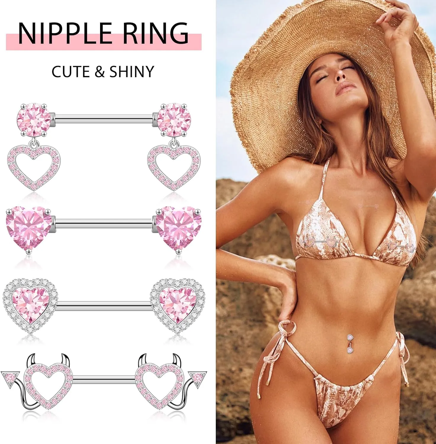 14G Nipple Rings 5-8 Pairs Stainless Steel Nipple Niercing Jewelry Heart Dangle Barbell Tongue Rings Set Cute Pink CZ Nipple Jewelry