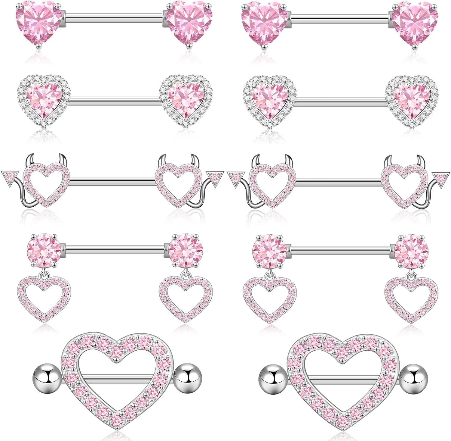 14G Nipple Rings 5-8 Pairs Stainless Steel Nipple Niercing Jewelry Heart Dangle Barbell Tongue Rings Set Cute Pink CZ Nipple Jewelry